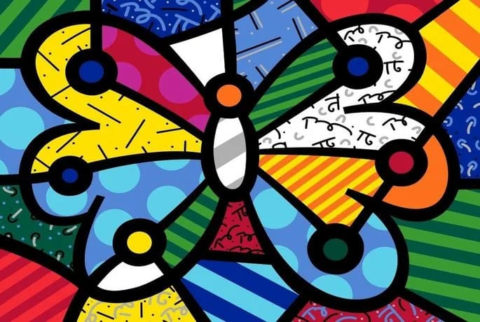Obra 'Mariposa' de Romero Britto, una explosión de color y patrones que captura la ligereza y la belleza de este insecto con su sello inconfundible.
