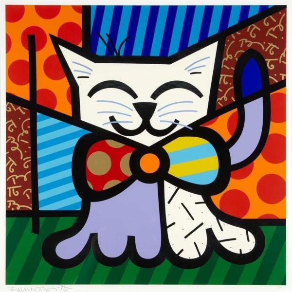 La obra 'L.A. CAT' de Romero Britto, creada en 1995, muestra un gato estilizado con los colores vivos y las formas geométricas típicas del artista.