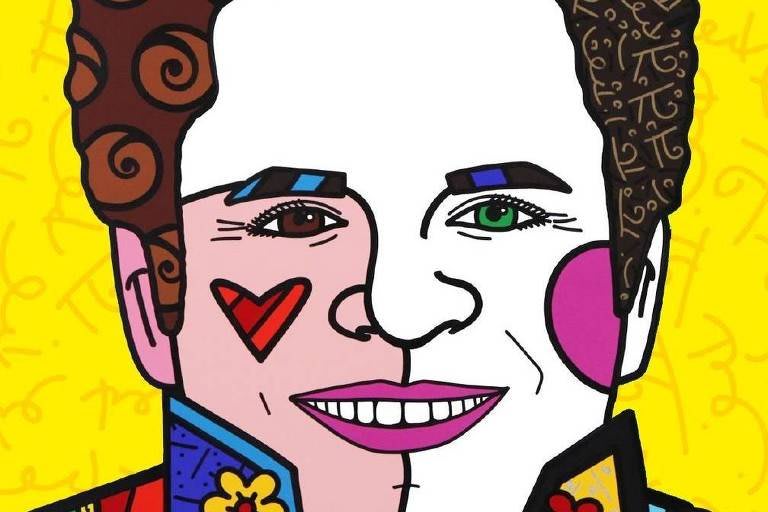 Autorretrato de Romero Britto, donde el artista se representa a sí mismo con su estilo inconfundible, lleno de color y optimismo.