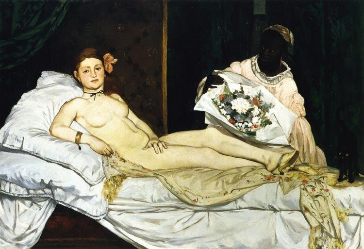 Olympia. Édouard Manet.  1863 - Óleo sobre tela (130,5 x 190 cm) - Localização: Museu d'Orsay, Paris (França)