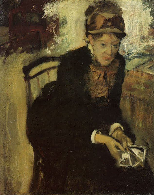 Mary Cassatt Sentada Segurando Cartões. Edgar Degas. 1886