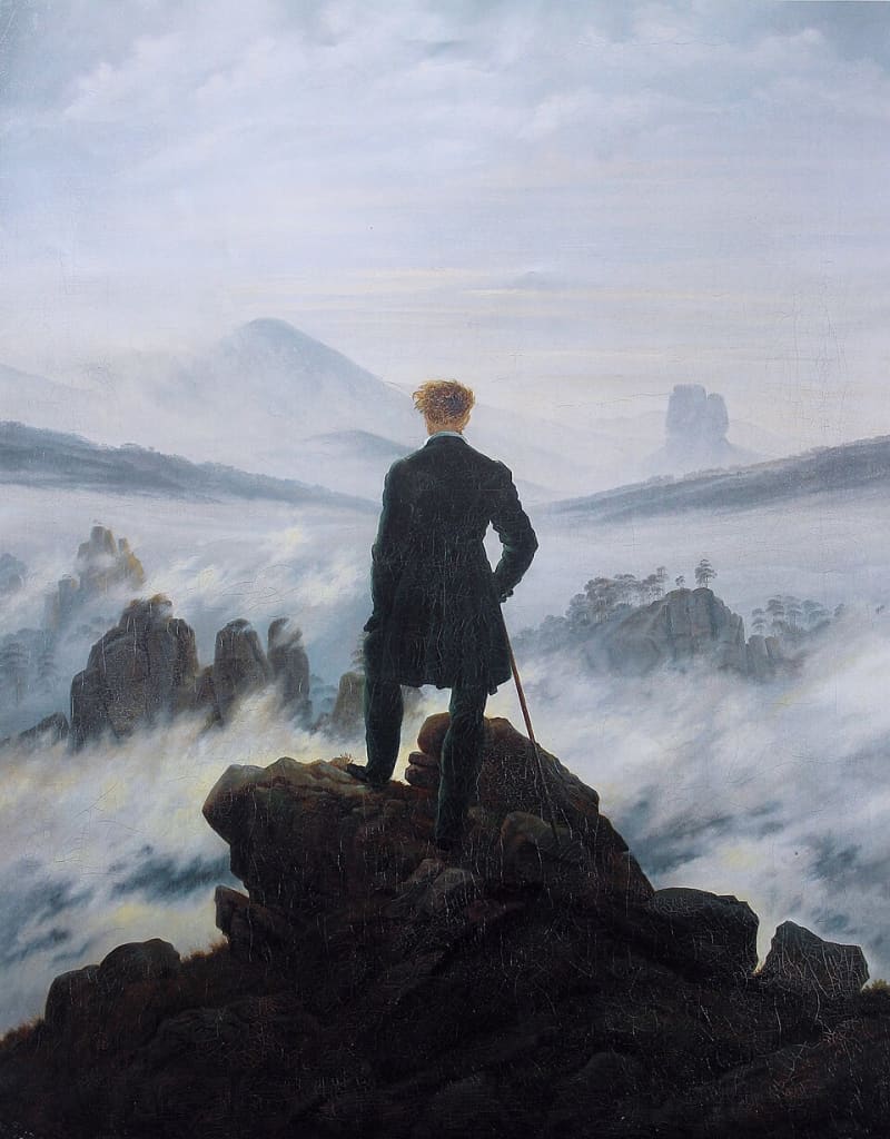 Le Voyageur contemplant une mer de nuages, un tableau emblématique de Caspar David Friedrich symbolisant la quête existentielle et la contemplation de l'infini.