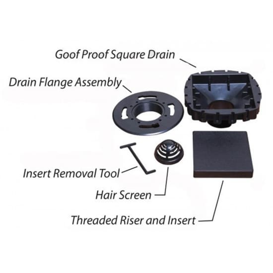 GPSD Goof Proof Square Drain Kit includes drain, flange assembly, hair screen