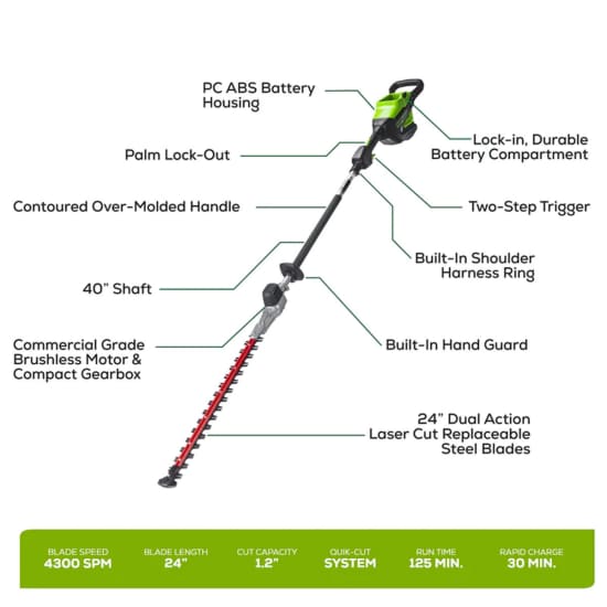 82V Short Pole Hedge Trimmer with 2.5 Ah Battery and Dual Port