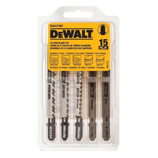 DeWalt 15 Piece T-Shank Jig Saw Blade Set, wood jig saw blades, fast cut wood blades, HCS blades, DWA3798T