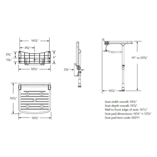 Arc Inc. 2000 Series Compact Shower Seat - Gray Pad dimensions