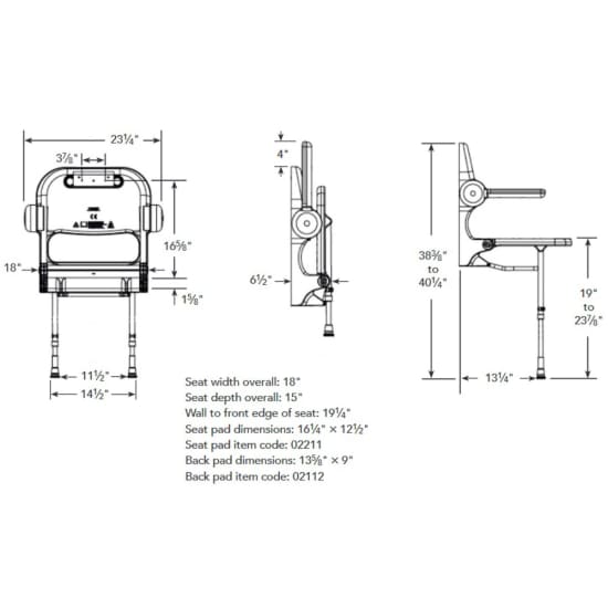 Arc Inc. 2000 Series Compact Shower Seat dimensions