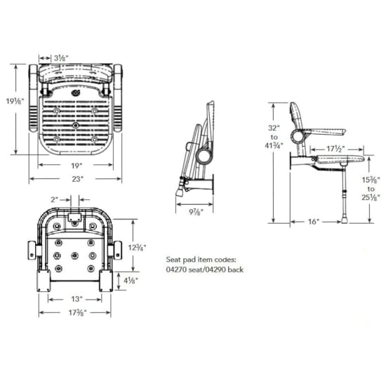 Arc 4000 Series Standard Shower Seat with Back & Arms dimensions