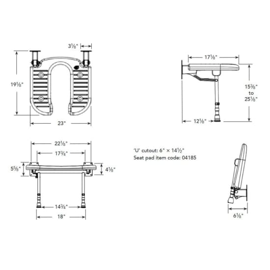 Arc Inc. 4000 Series Wide U Shower Seat - blue pad dimensions