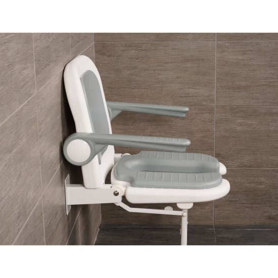 Arc 4000 Seriees Standard ‘U’ Shower Seat with Back & Arms, Gray Pad side view