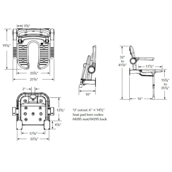 Arc 4000 Seriees Wide ‘U’ Shower Seat with Back & Arms, Blue Pad dimensions