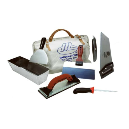 Marshalltown Drywall Tool Kit with Canvas Tool Bag, Stainless Steel Mud Pan, joint Knife, Steel Taping Knife, Hand Sander, Drywall Saw
