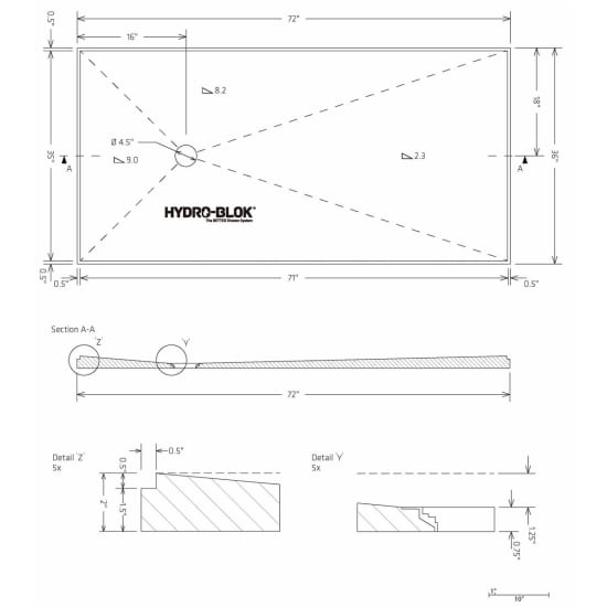 Hydro-Blok Classic 36" x 72" Shower Pan w/ Offset Drain technical drawing