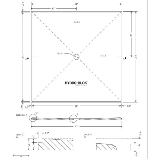 Hydro-Blok Classic 60" x 60" Shower Pan w/Drain technical drawing