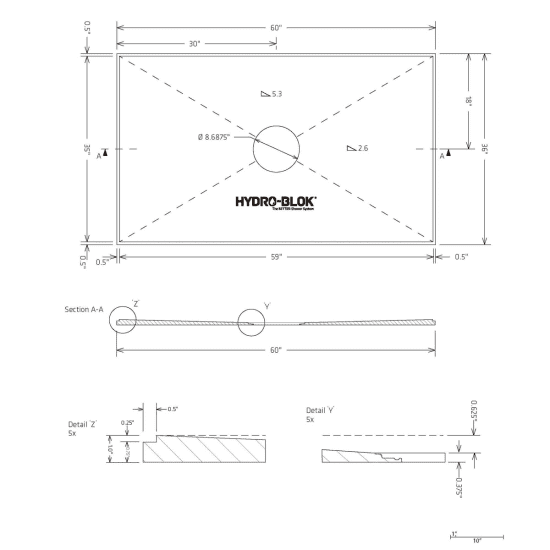 Hydro-Blok Low Profile 36" x 60" Shower Pan w/Drain technical drawing