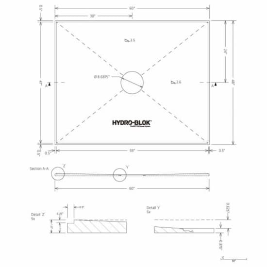 Hydro-Blok Low Profile 48" x 60" Shower Pan w/Drain technical drawing