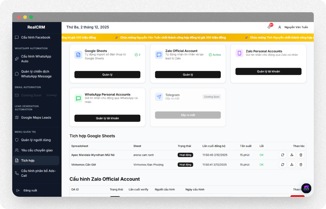 Tích hợp Google Sheets, Zalo OA, Zalo Account