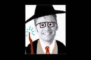 A photo of a man smiling. it has been edited to make him look like a magician who is about to receive his degree at an awards ceremony