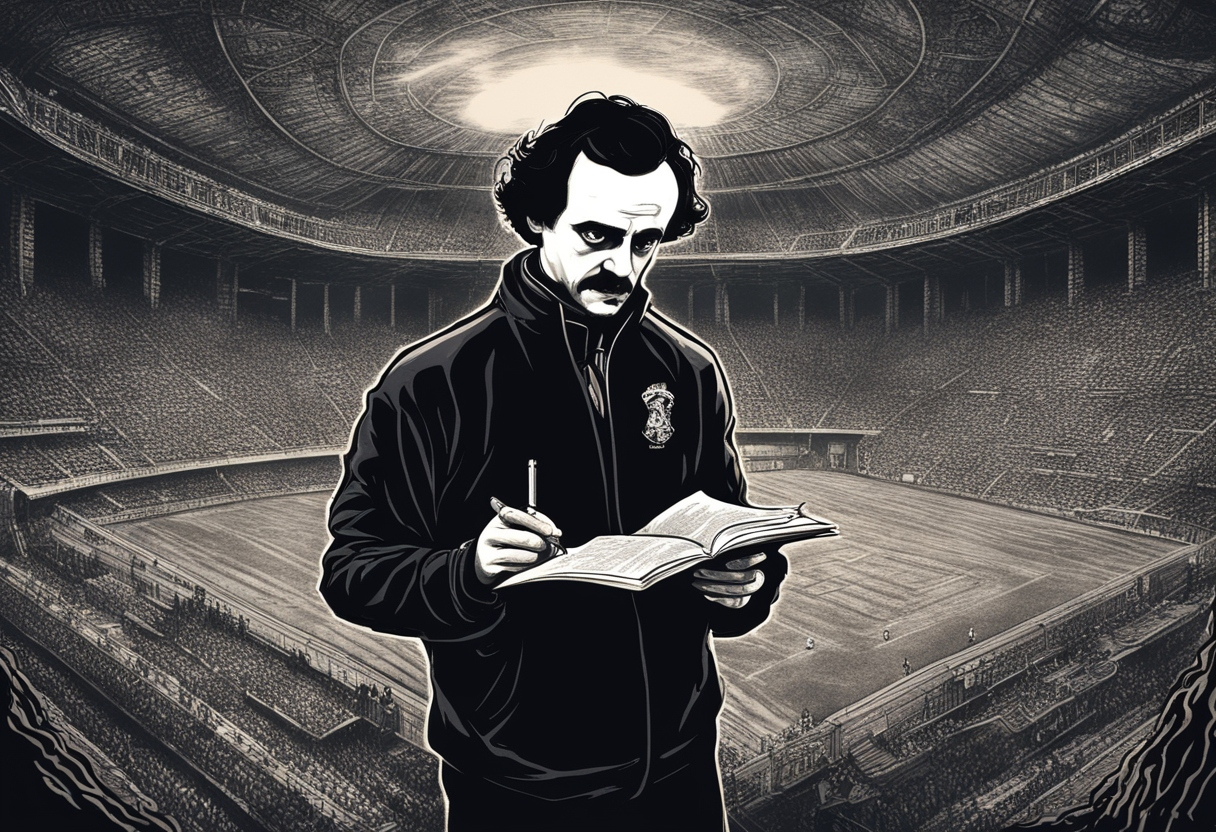 A black and white illustration of Edgar Allan Poe in a tracksuit making notes in his notepad with a football stadium in the background