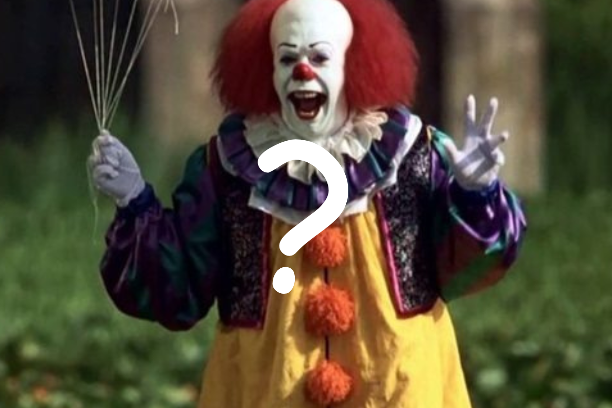 Pennywise clown from IT smiling, and a big question mark over the image