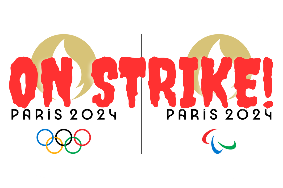Official Paris Olympics poster with big red text over it saying 'on strike!'