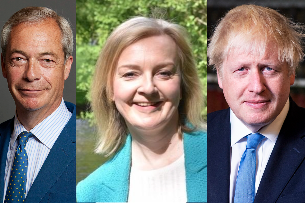 Nigel Farage, Liz Truss and Boris Johnson in a three-photo collage, all smiling