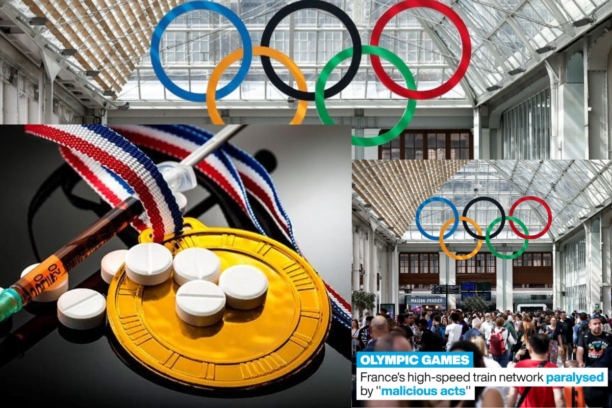 Image of a medal next to syringes and tablets, with the olympic hoops in the background and a report of travel chaos in Paris due to malicious acts