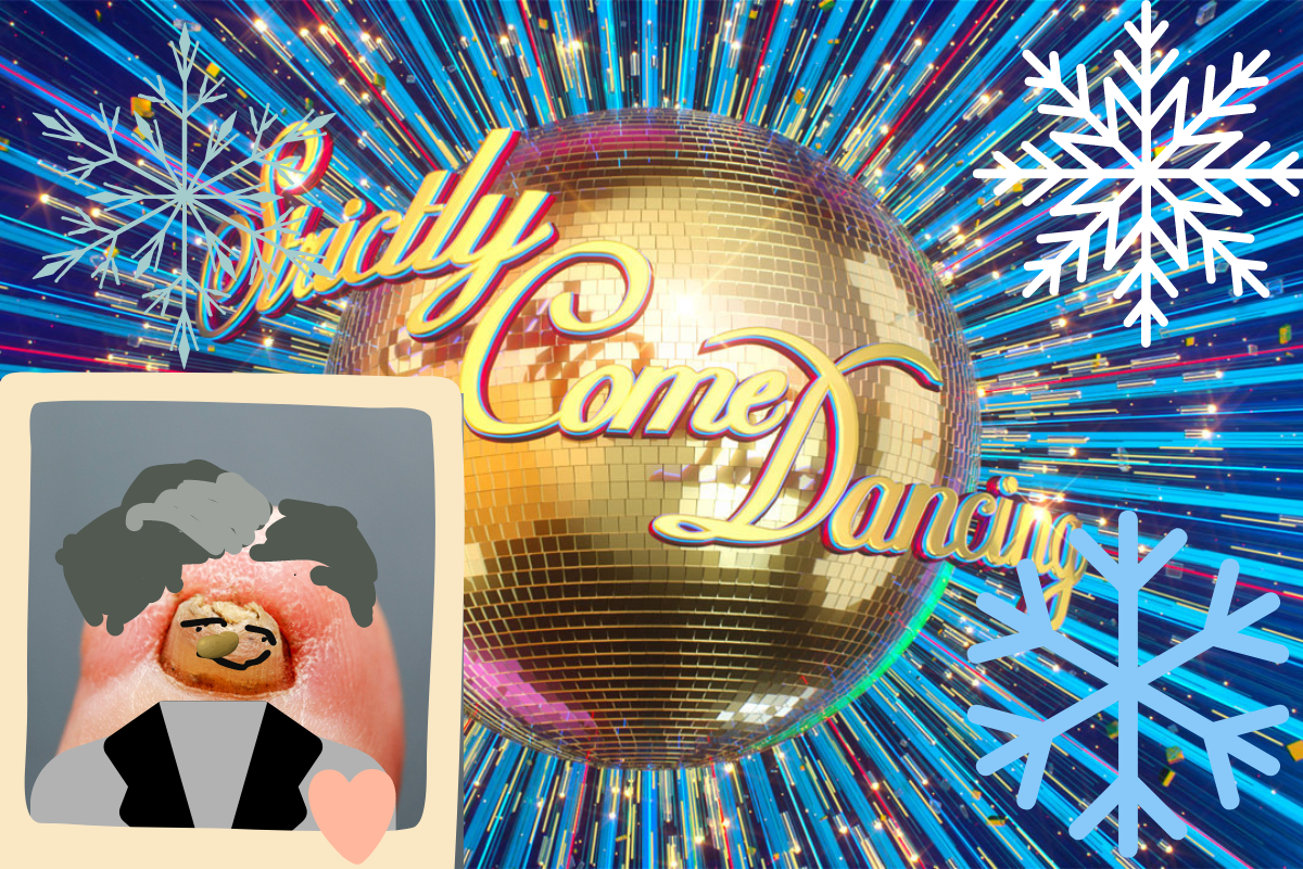 a mouldy big toe with drawn on face and a potato for a nose, with the Strictly Come Dancing logo as background
