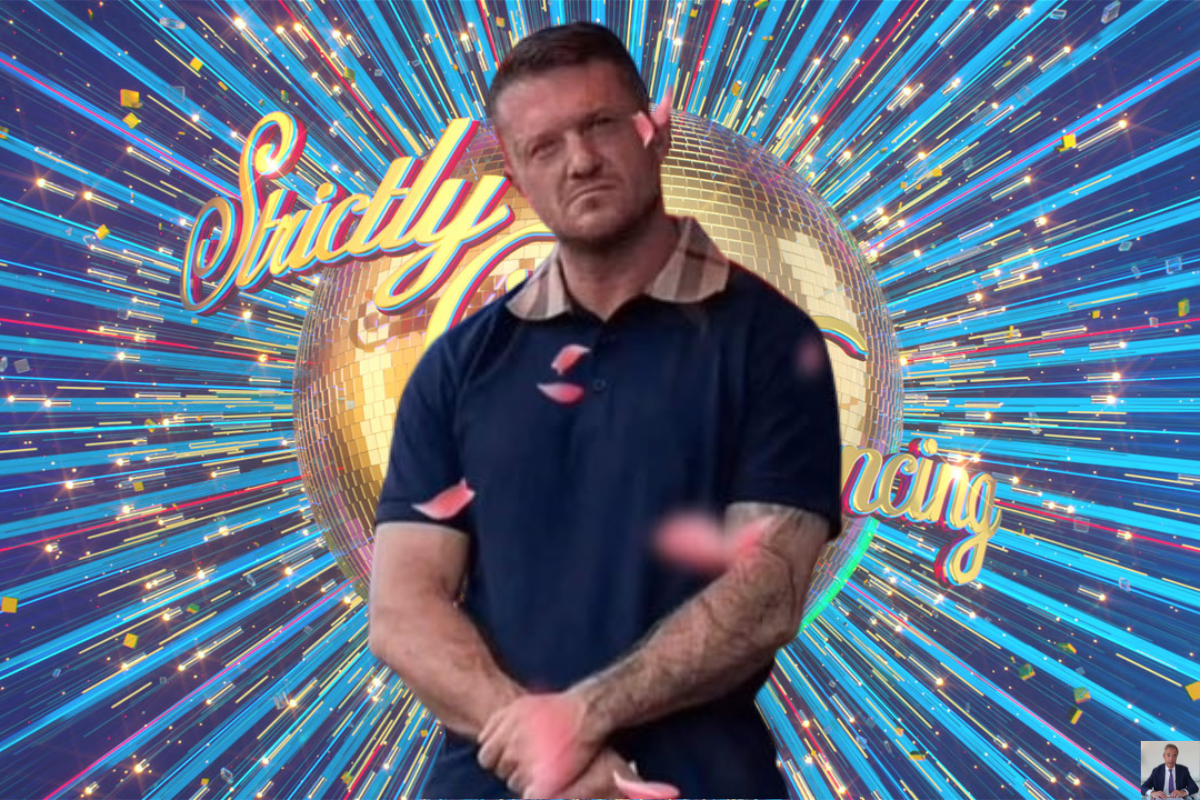 Tommy Robinson standing in front of the Strictly logo. Farage in bottom right-hand corner