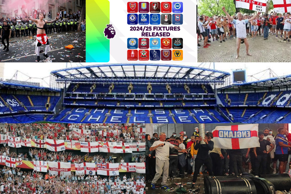 Collage of images of english football hooligans rejoicing, a premier league fixture list announcement and chelsea stadium as background