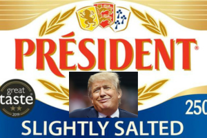 Image of Donald Trump smirking or something, on a President butter