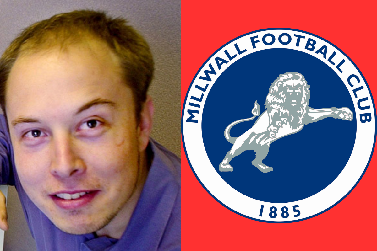 Elon Musk and the Millwall FC logo on a red background