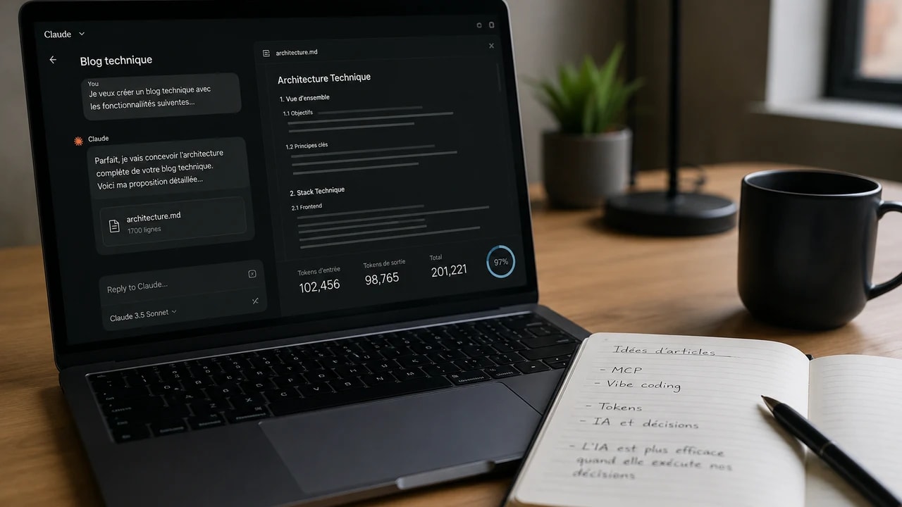 Claude générant un document d'architecture de 1700 lignes sur un MacBook, carnet de notes avec idées d'articles