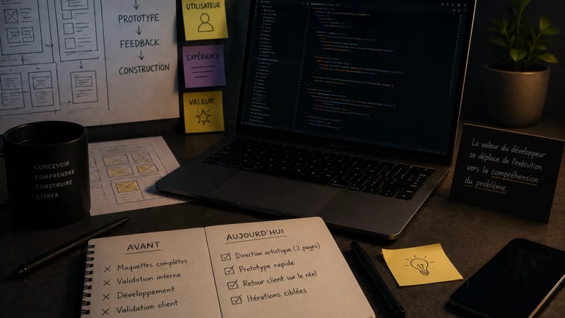 Éditeur de code et interfaces flottantes sur fond sombre
