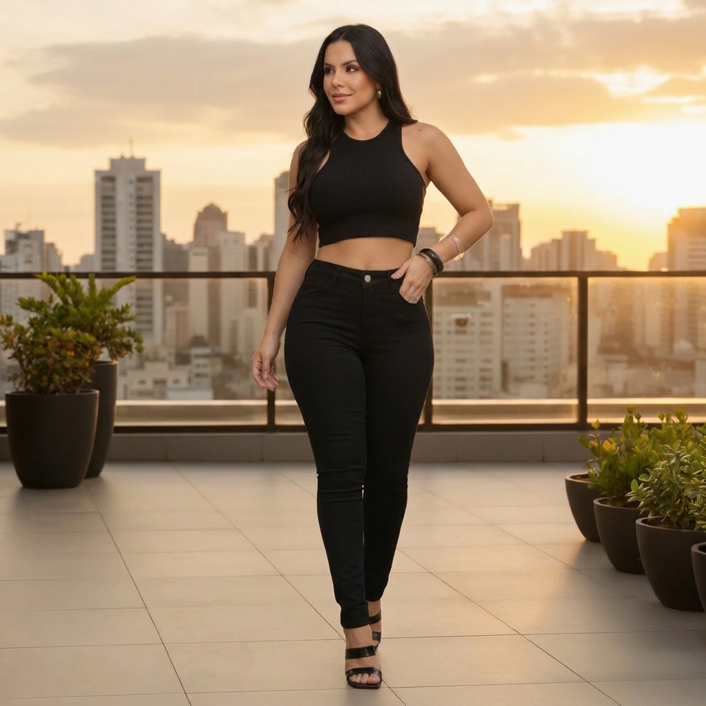 Calça Jeans Feminina Empina Bumbum Cintura Alta Lycra Preta — foto 1