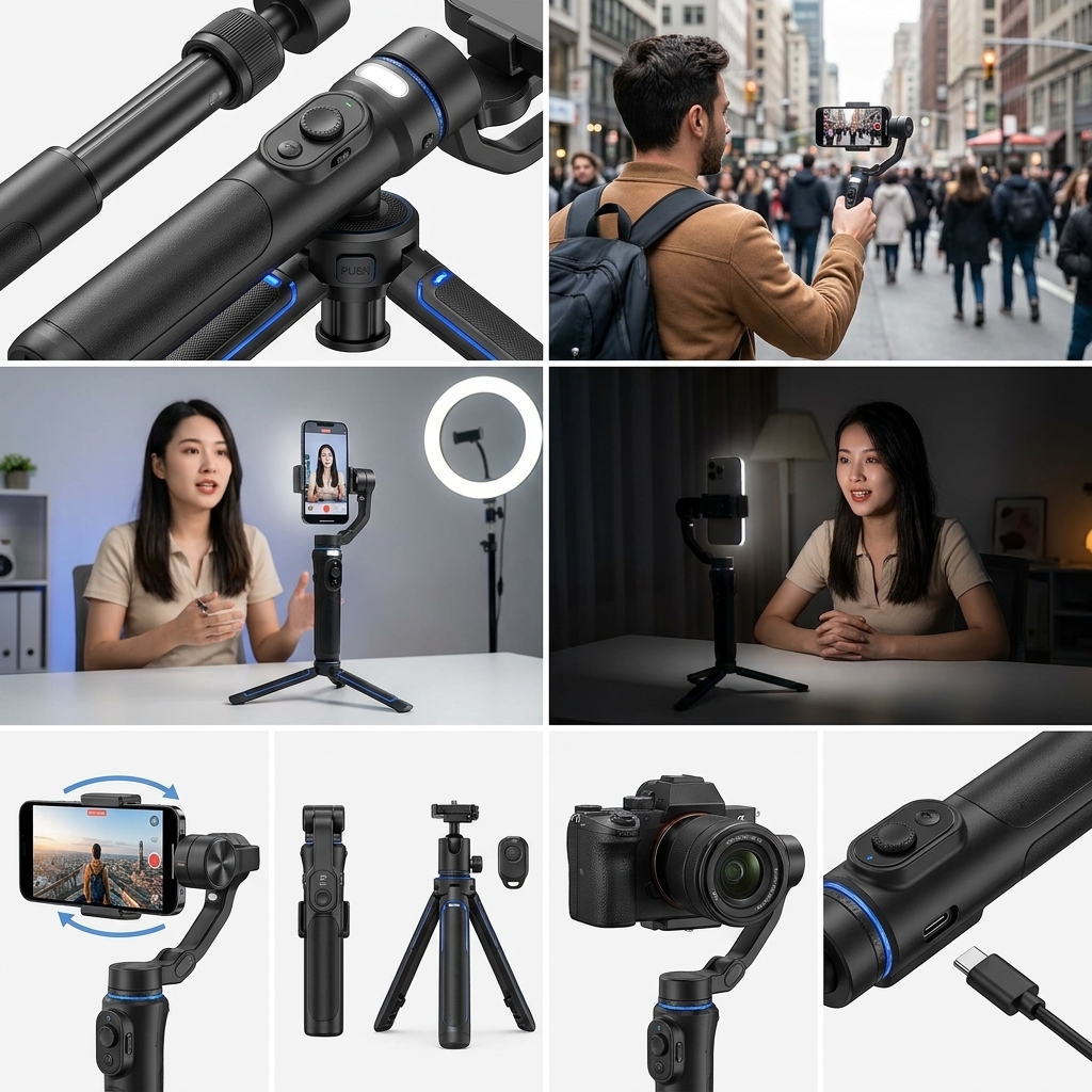 Estabilizador Gimbal Celular Bluetooth Dobrável 3 Eixos Luz Suporte Câmera Imagem Vídeo Portátil Profissional Tripés Para Câmeras — foto 1