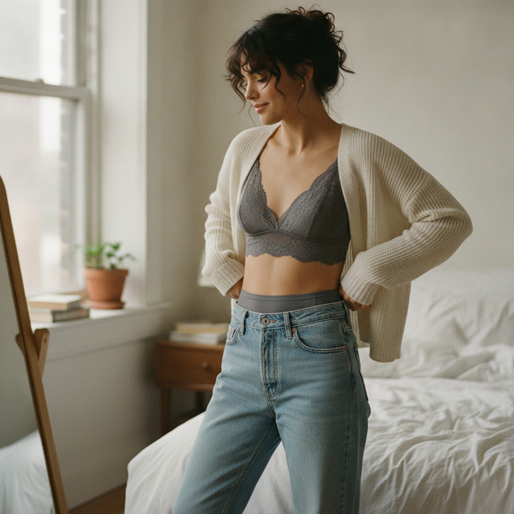 Young woman getting ready, trying on a comfortable and supportive ling