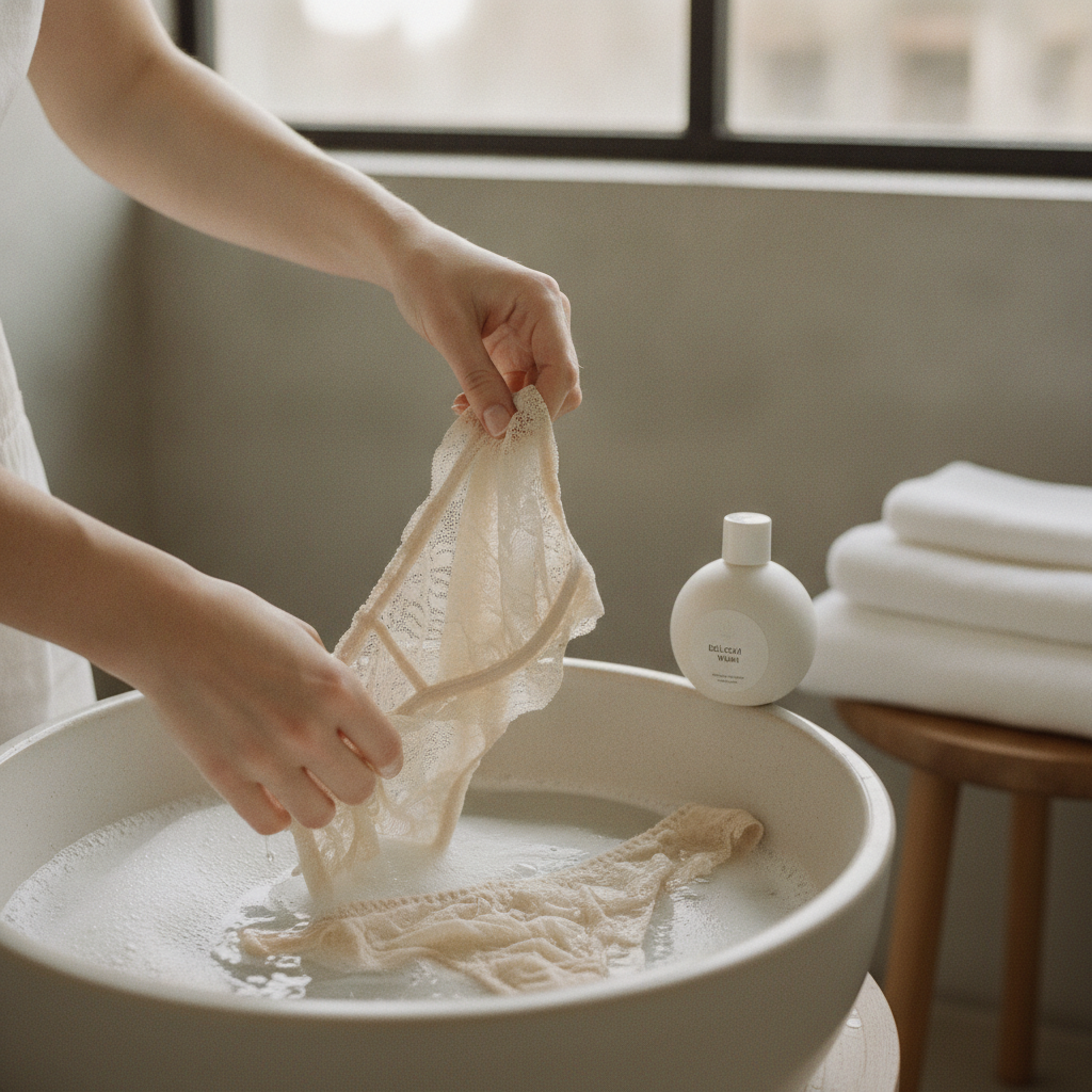 Close-up of hands gently hand-washing delicate lingerie in a basin wit