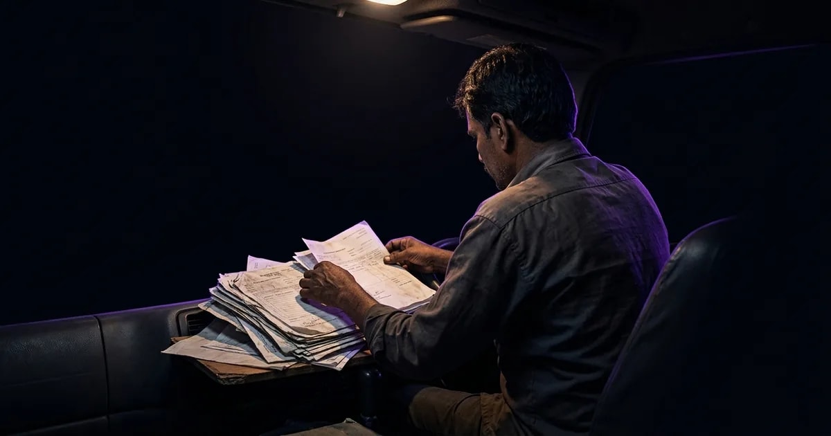 A logistics manager using a smartphone with an electronic proof of delivery app to track a delivery truck