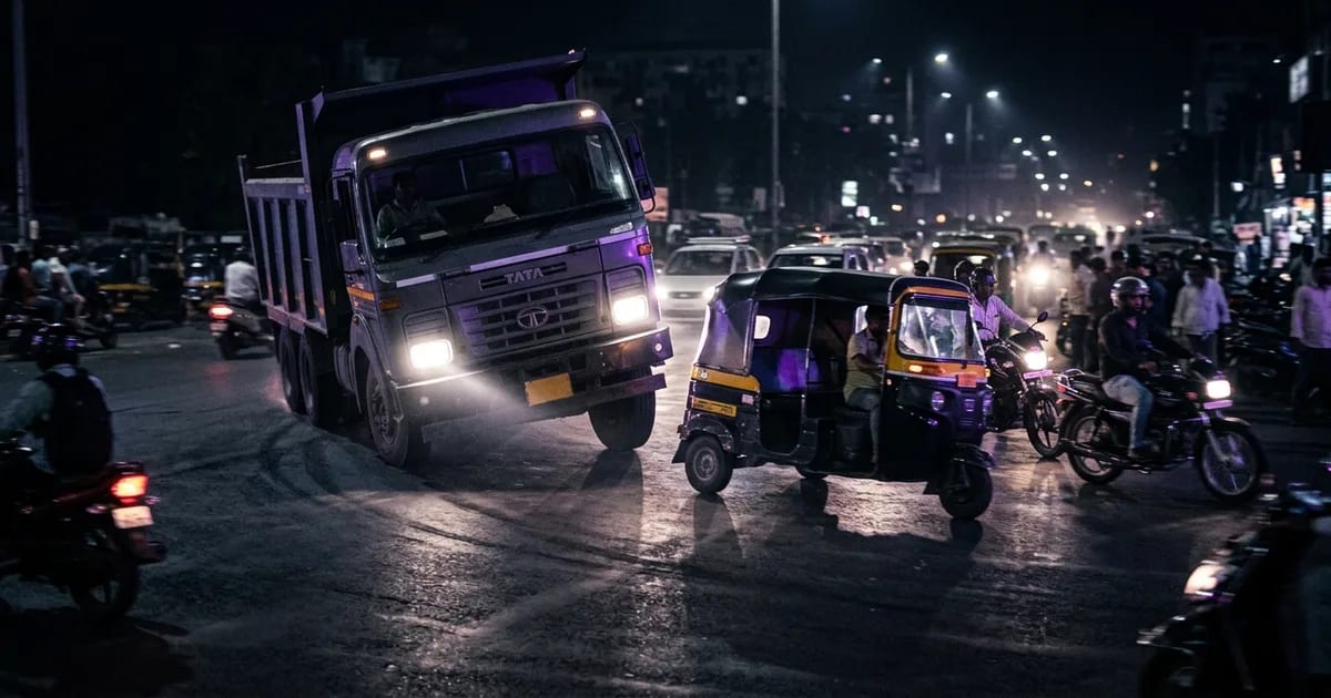 A split-screen view from an AI dashcam showing a truck on an Indian highway and the driver inside the cabin, demonstrating how video telematics works.