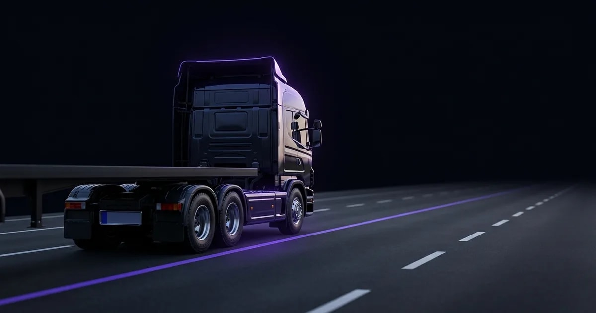 A truck driver's hands on the steering wheel with a road ahead, symbolizing safe driving proven by telematics data for insurance discounts.
