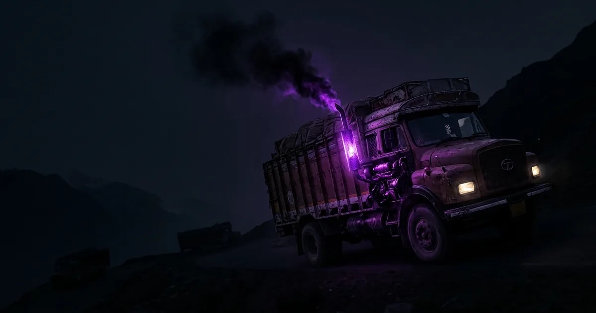 A mechanic connects a diagnostic tool to a truck's OBD2 port to read engine data for predictive maintenance.