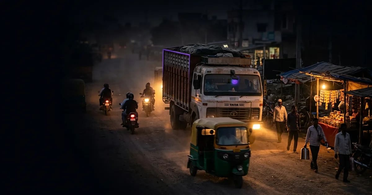 A MoboSafe AI dashcam installed on the windshield of a truck, showing a clear view of an Indian highway.