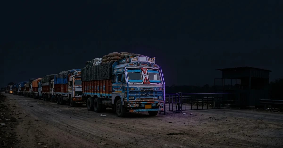 A truck driver showing digital documents on a smartphone to an RTO officer at a highway checkpoint in India