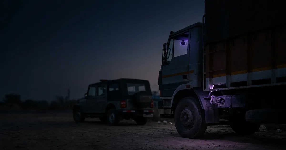 A dual-lens AI dashcam mounted on a truck's windscreen, showing both the road ahead and the driver in the cabin.