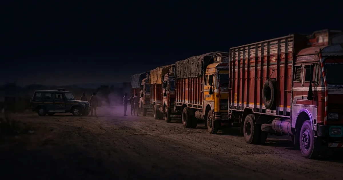 A truck on an Indian highway with a digital overlay showing automated eWay Bill generation and GPS tracking data