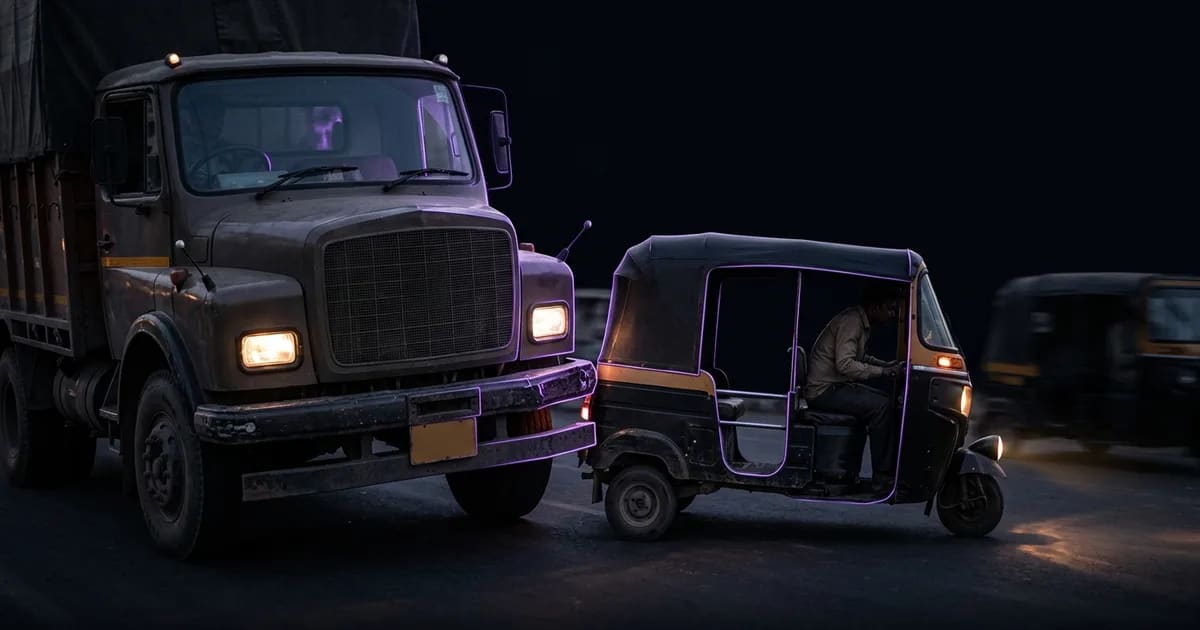 A dual-lens dashcam with a driver-facing camera installed in a truck cabin to monitor driver behaviour