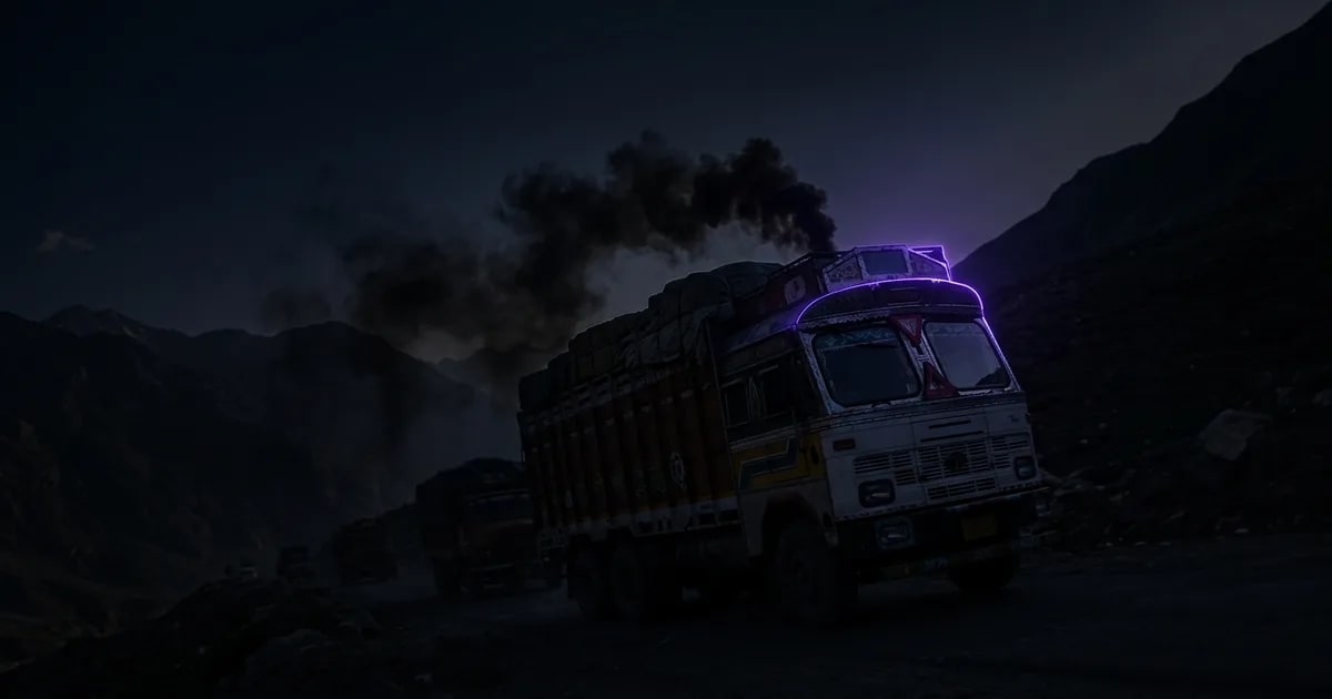 A truck's engine with digital data overlays showing diagnostic trouble codes and health alerts.