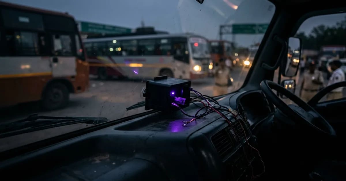 A certified VLTD device with a panic button installed in the dashboard of a commercial truck in India