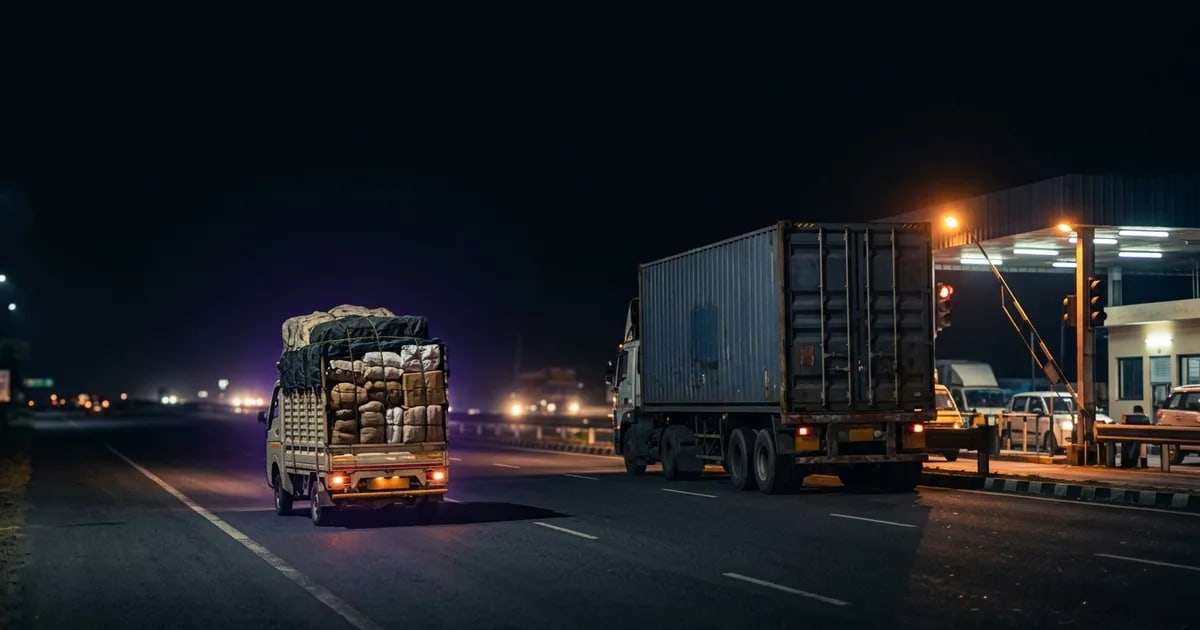 A finger pointing at a smartphone screen showing the vehicle number being updated on the eWay Bill portal, with a truck on a highway in the background.